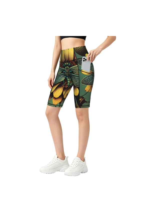 Women Yoga Shorts Casual Workout Gym Running Biker Athletic Shorts, Retro Dragonfly Flower Art