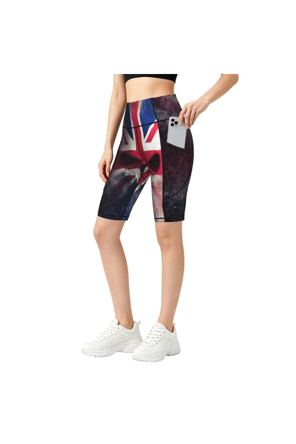 Women Yoga Shorts Casual Workout Gym Running Biker Athletic Shorts, Skull Face Union Jack Uk Flag