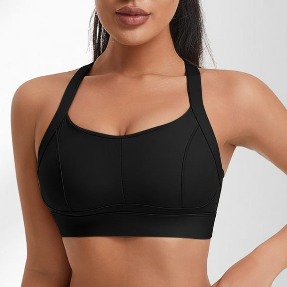 BLTIBY Sports Bras for Women High Support, High Impact Running Criss Cross Strappy Solid Color Bra Crop Top Hook and Eye Closure Comfortable Black L