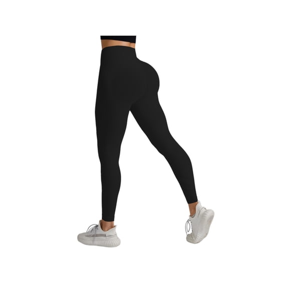 Women Yoga Sports Ribbed Seamless Leggings High Waisted Workout Gym Yoga Pants Quick-Drying Black L
