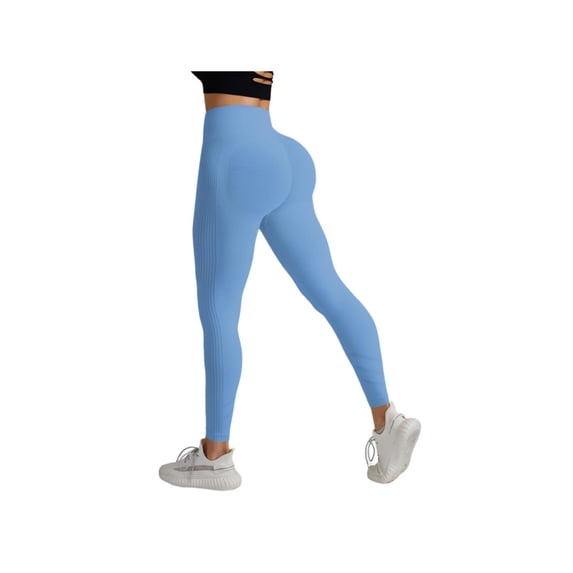 Women Yoga Sports Ribbed Seamless Leggings High Waisted Workout Gym Yoga Pants Quick-Drying Blue XL