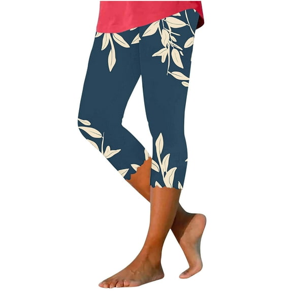 Women Yoga Sweatpants Summer Tight Leaves Print High Rise Capri Pants Stretch Pull-Up Slimming Workout Trousers, Multicolor, M