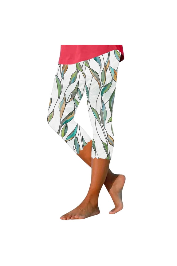 Women Yoga Sweatpants Summer Tight Leaves Print High Rise Capri Pants Stretch Pull-Up Slimming Workout Trousers, Multicolor, M