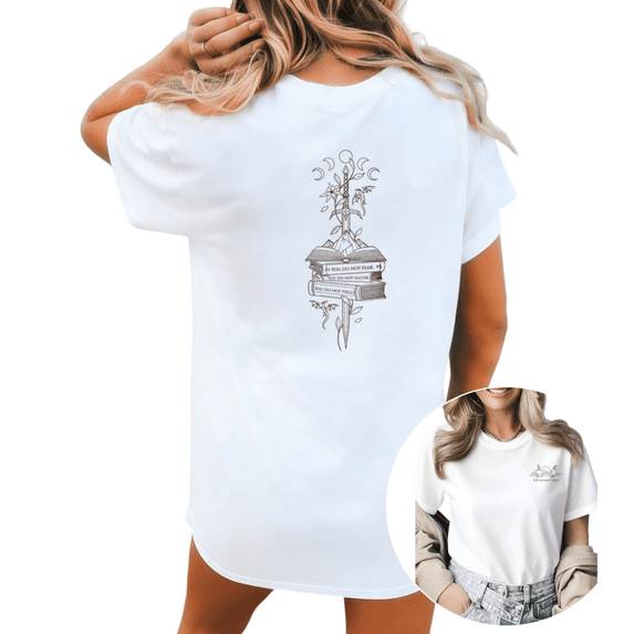Women You Do Not Fear Book Sword Floral Moon Maroon Line Art Back Print Graphic Comfortable Tees T Shirt Tops Round-neck Printed Cotton T-Shirt White S-5XL