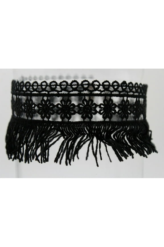 Women Young Fashion Choker Necklace Tassel Wide Black Lace Fabric Flower Fringes