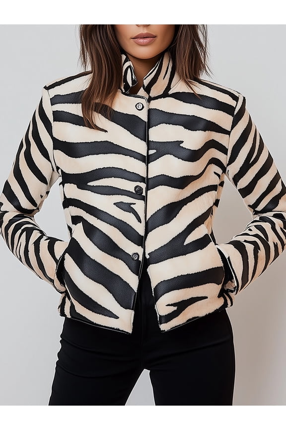 Women Zebra Print Stand Collar PU Leather Jacket with Button Front Side Pockets and Contrast Trim