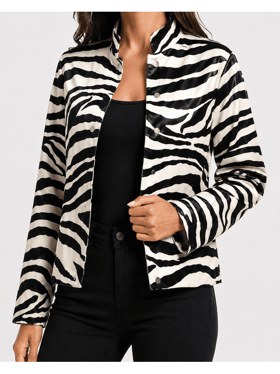 Women Zebra Print Stand Collar PU Leather Jacket with Button Front Side Pockets and Contrast Trim