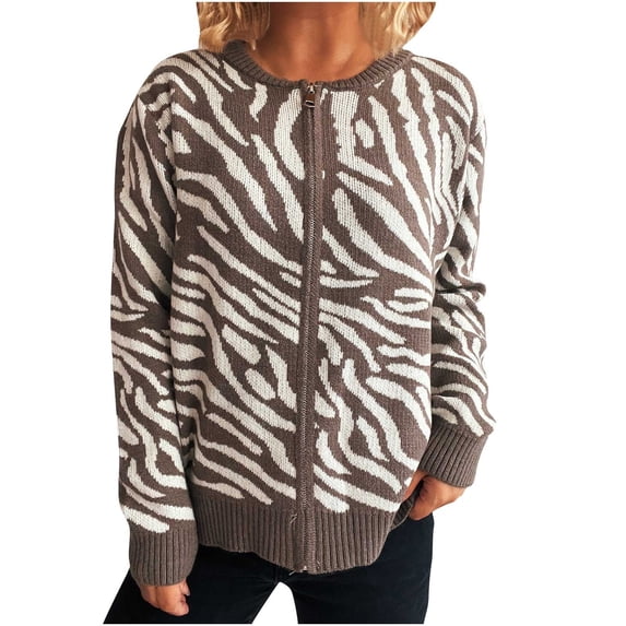 Women Zebra Print Zip Up Knit Sweater Fasion Long Sleeve Crew Neck Jacket Casual Fall Loose Fit Outerwear