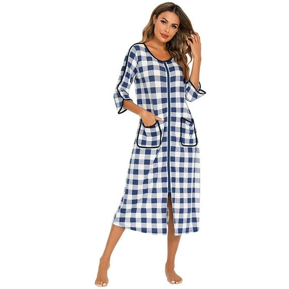 Women Zip Bathrobe,Front Zip Sleepwear Classic Plaid Full Length Nightgowns with Pockets Plush Size Winter Loungewear