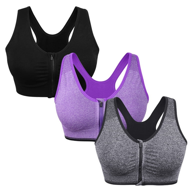 Women Zip Front Closure Sports Bra Push Up Wirefree Yoga Bras Gym Workout  Yoga Bra Top,3 Packs