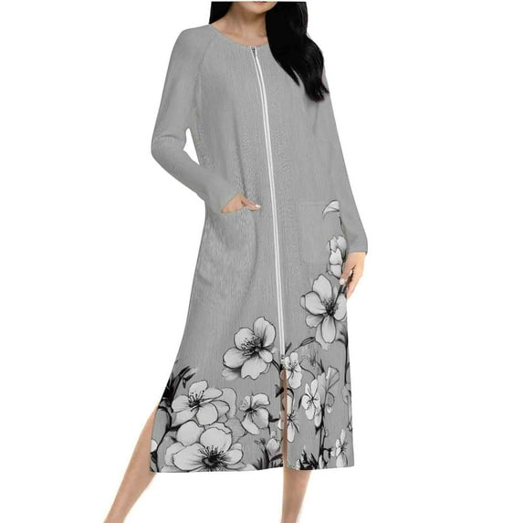 Women Zip Front Long Sleeve Nightgown Floral Print Lounge Dress Full Length Sleepwear Soft Loungewear Pajamas