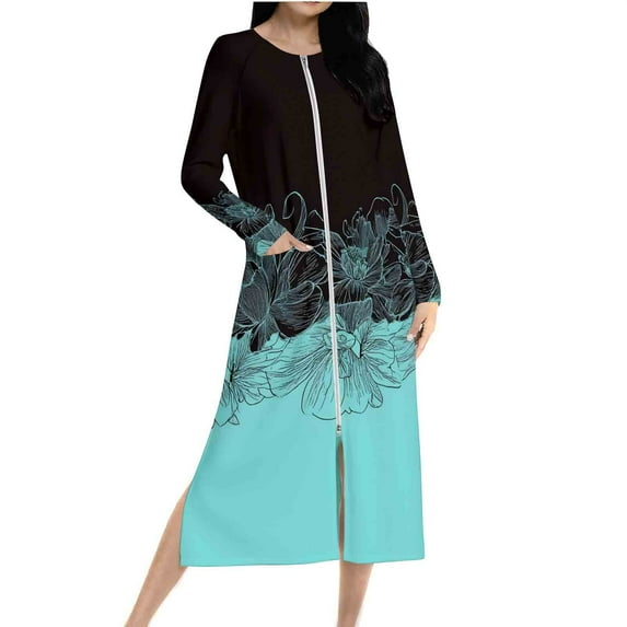 Women Zip Front Long Sleeve Nightgown Floral Print Lounge Dress Full Length Sleepwear Soft Loungewear Pajamas