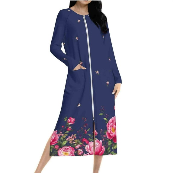 Women Zip Front Long Sleeve Nightgown Floral Print Lounge Dress Full Length Sleepwear Soft Loungewear Pajamas