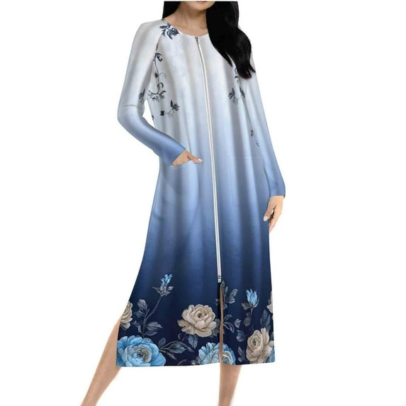 Women Zip Front Long Sleeve Nightgown Floral Print Lounge Dress Full Length Sleepwear Soft Loungewear Pajamas