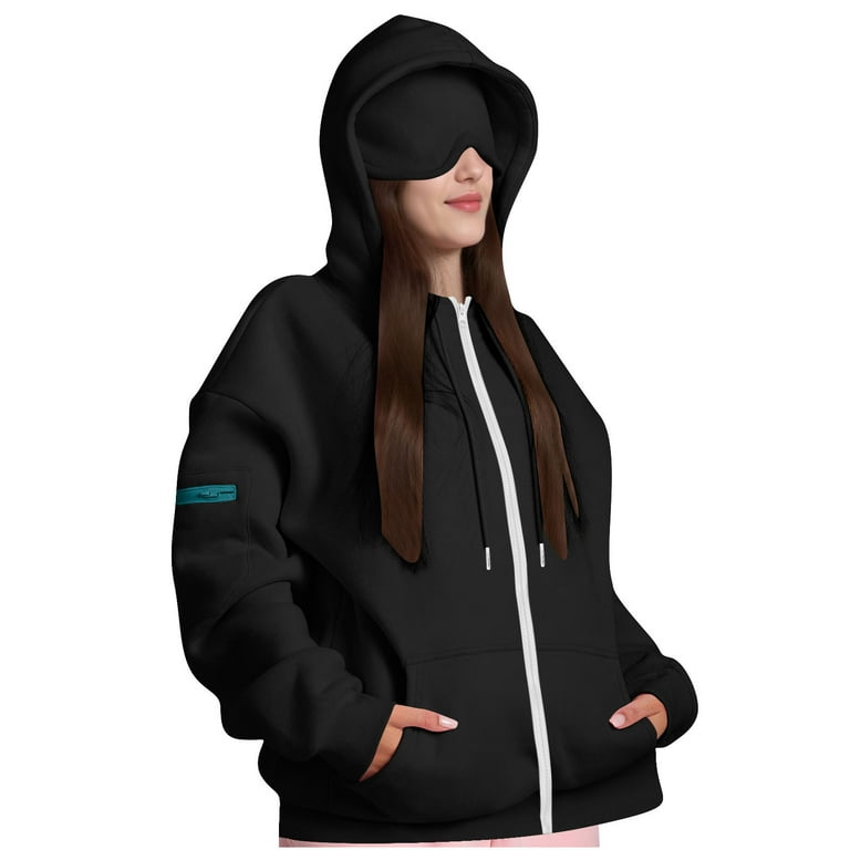 Women Zip up Hoodie with Eye Mask Built in Drawstring Long - Main Image