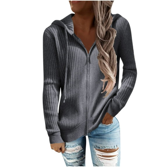 Women Zip Up Cardigan Sweater Oversized Long Sleeve Drawstring Hoodie Sweater Knit Open Front Hooded Outwear Coat