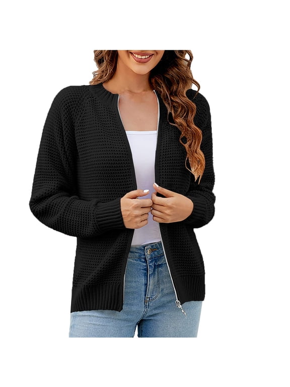 Women Zip Up Cardigans Solid Color Round Neck Long Sleeve Chenille Knit Sweaters Casual Loungewear Crochet Tops (L, Black)