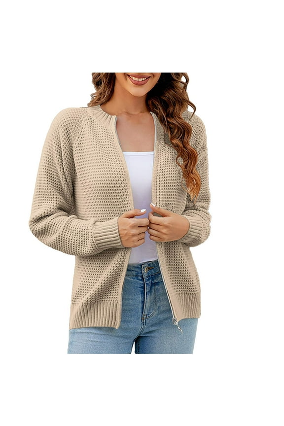 Women Zip Up Cardigans Solid Color Round Neck Long Sleeve Chenille Knit Sweaters Casual Loungewear Crochet Tops (L, Khaki)