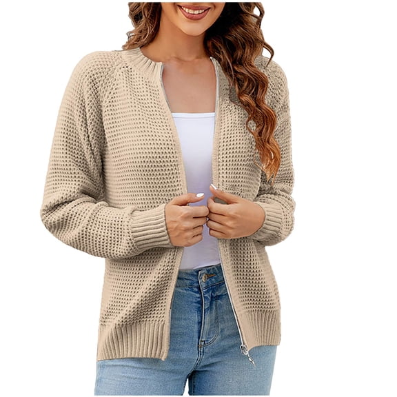 Women Zip Up Cardigans Solid Color Round Neck Long Sleeve Chenille Knit Sweaters Casual Loungewear Crochet Tops (L, Khaki)