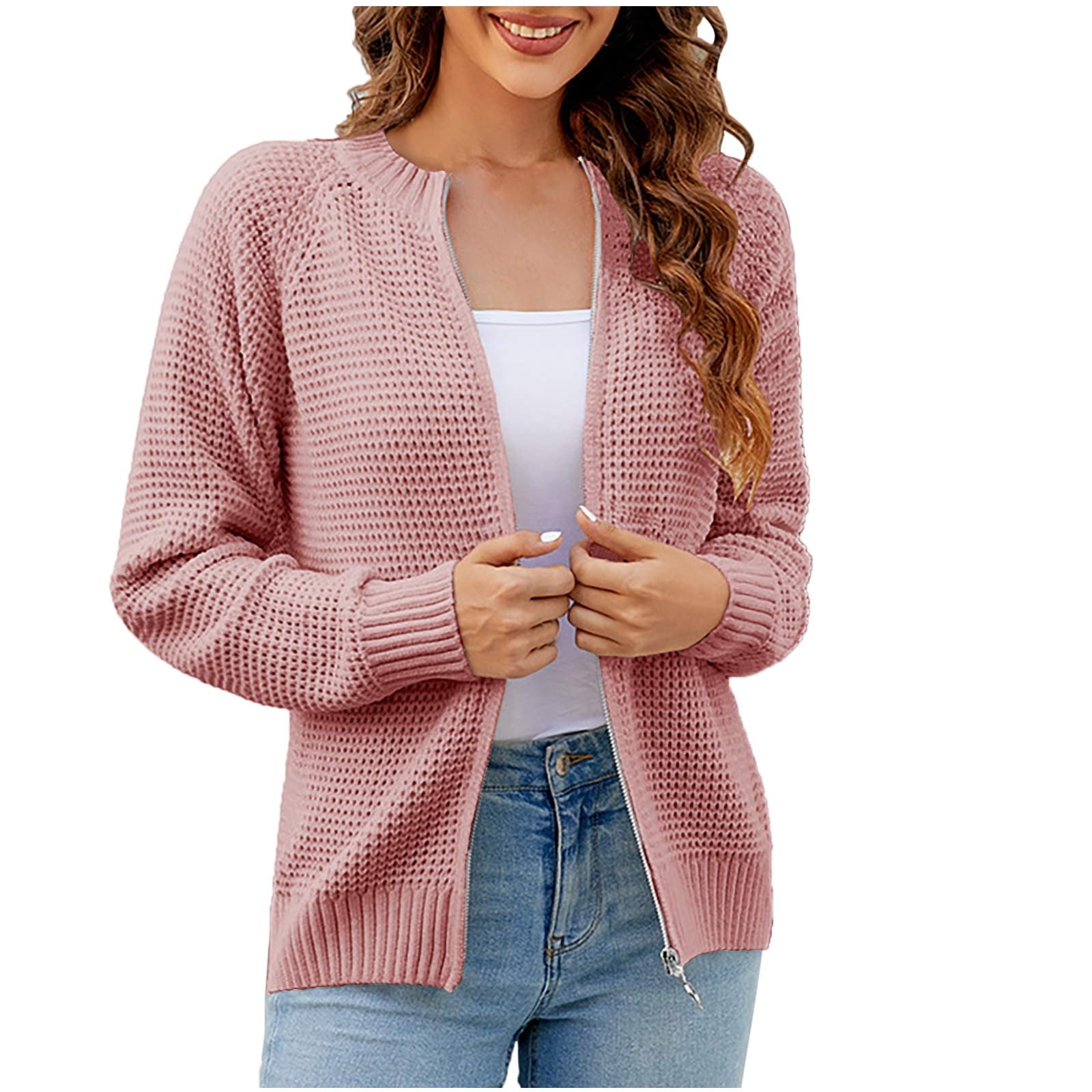 Women Zip Up Cardigans Solid Color Round Neck Long Sleeve Chenille