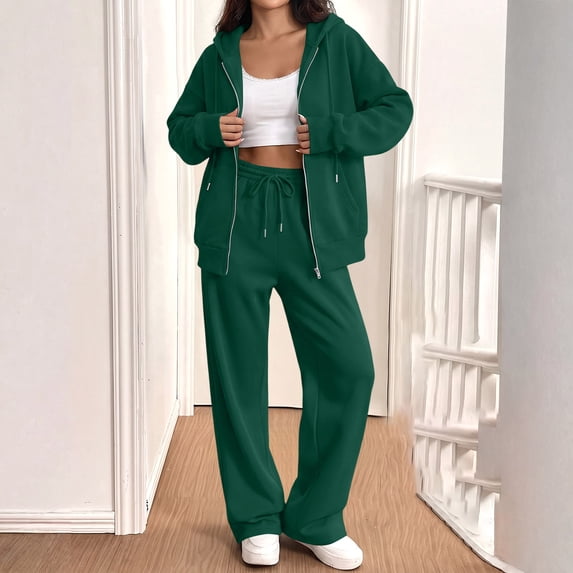 Women Zip Up Hooded Sweatsuit Set Oversized Full Zip Hoodie Wide Leg Sweatpants Casual Matching Outfit L