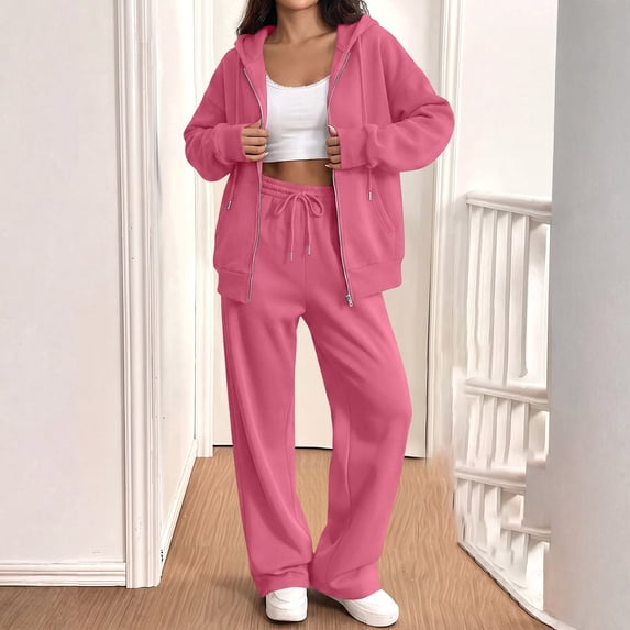 Women Zip Up Hooded Sweatsuit Set Oversized Full Zip Hoodie Wide Leg Sweatpants Casual Matching Outfit M