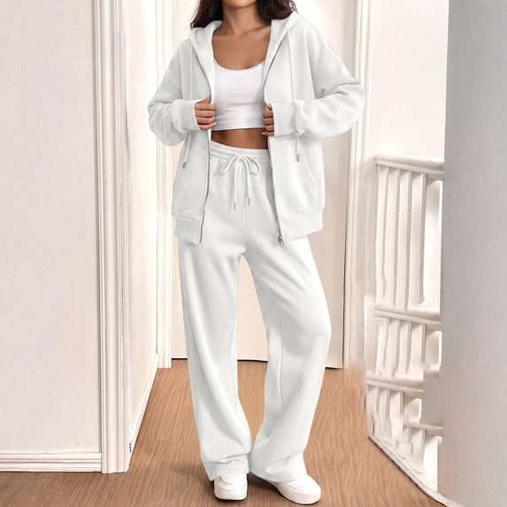 Women Zip Up Hooded Sweatsuit Set Oversized Full Zip Hoodie Wide Leg Sweatpants Casual Matching Outfit M