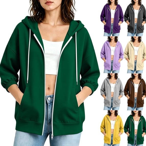 Women Zip Up Hoodie Dqueduo Women's Oversized Casual Solid Color Zip-Up 3/4 Sleeve Elastic Cuff Jacket – Drawstring Hoodie Beige L