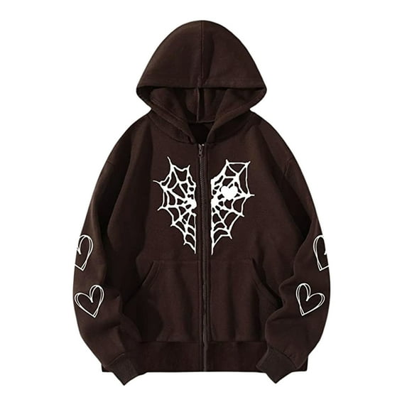 Women Zip Up Hoodie Y2k Vintage Graphic Relaxed Fit Hooded Sweatshirt Jacket Pullover Coats Halloween Harajuku Streetwear
