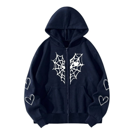 Women Zip Up Hoodie Y2k Vintage Graphic Relaxed Fit Hooded Sweatshirt Jacket Pullover Coats Halloween Harajuku Streetwear