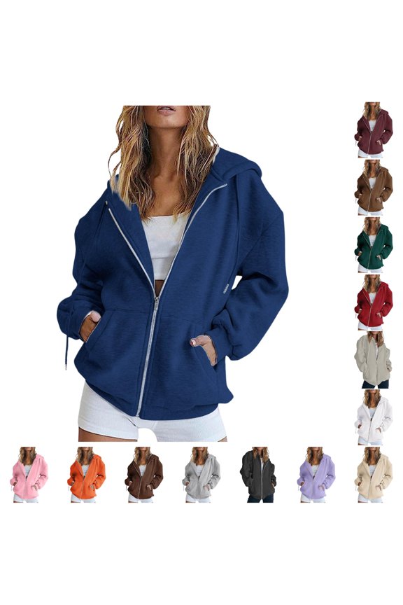 Women Zip Up Hoodie with Silver Zipper and Kangaroo Pocket Casual Oversized Sweatshirt Jacket