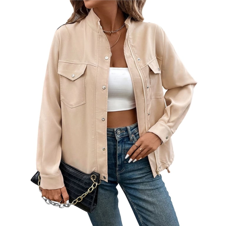 Women Zip Up Jacket Roll Tab Sleeve Flap Pocket Drawstring Hem 