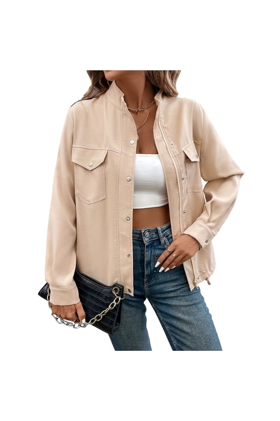Women Zip Up Jacket Roll Tab Sleeve Flap Pocket Drawstring Hem Utility Cropped Jackets Khaki XL