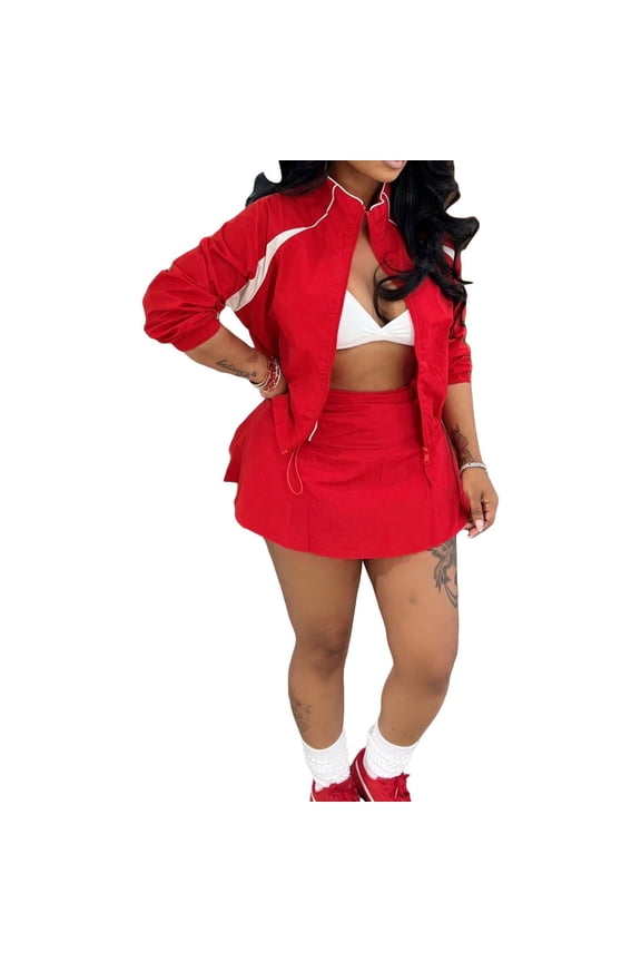 Women Zip Up Jacket and Drawstring Mini Skirt Set Casual Sporty 2 Piece Outfit