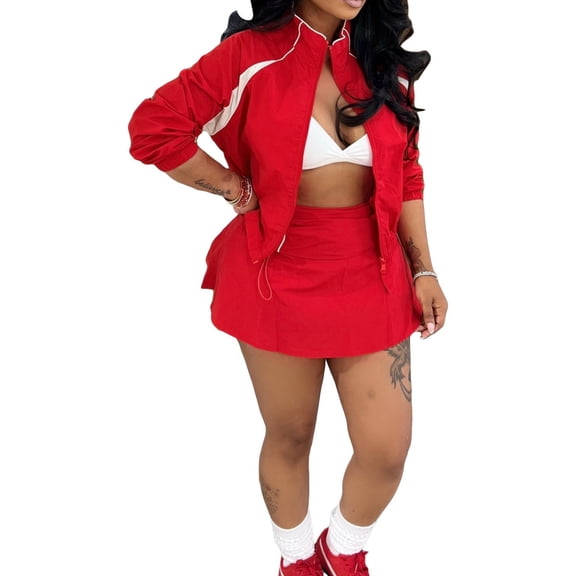 Women Zip Up Jacket and Drawstring Mini Skirt Set Casual Sporty 2 Piece Outfit