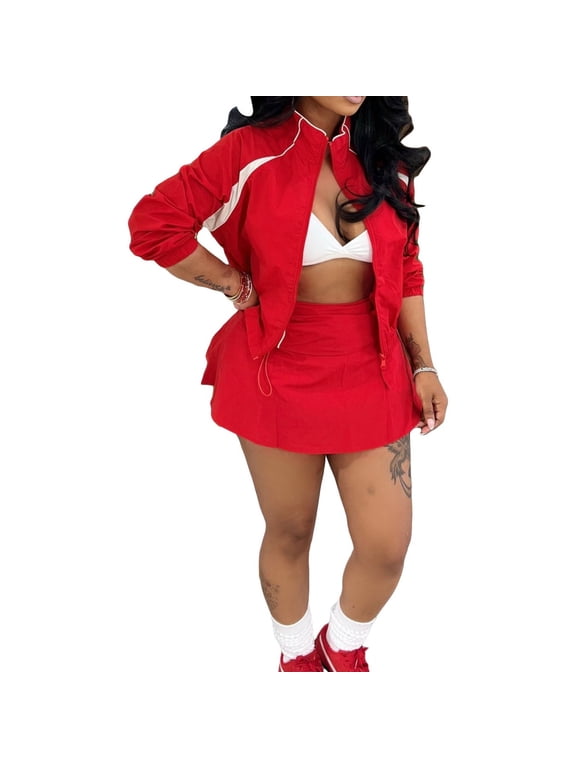 Women Zip Up Jacket and Drawstring Mini Skirt Set Casual Sporty 2 Piece Outfit
