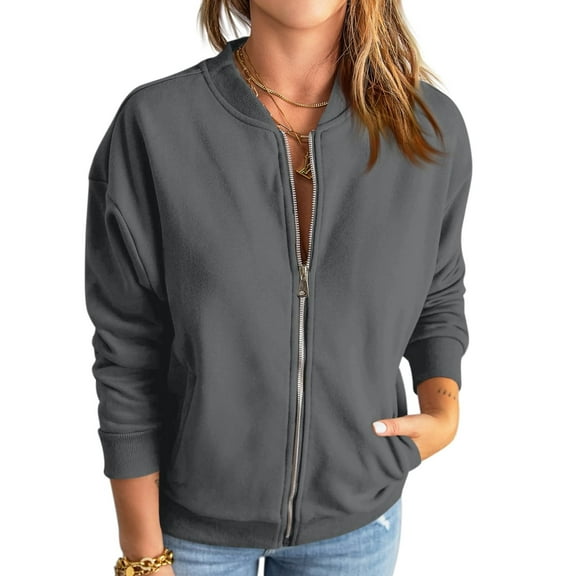 Women Zip Up Long Sleeve Casual Solid Color Loose Sweatshirts Jackets Outwear with Pockets