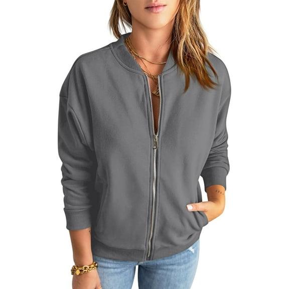 Women Zip Up Long Sleeve Casual Solid Color Loose Sweatshirts Jackets Outwear with Pockets