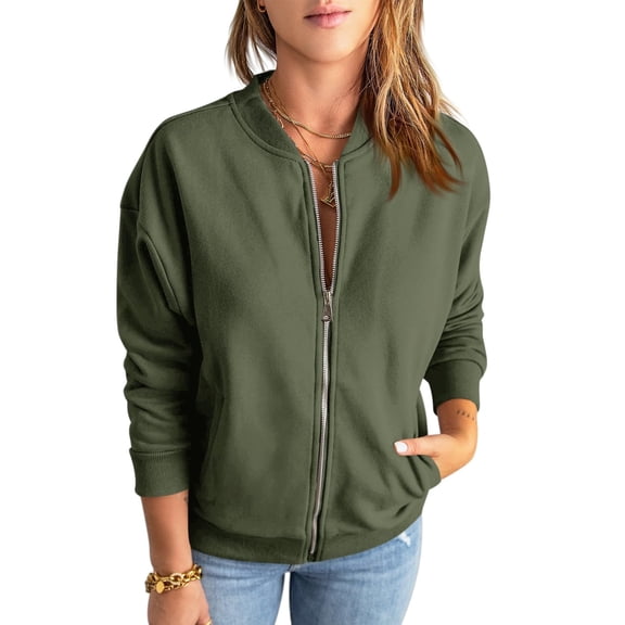 Women Zip Up Long Sleeve Casual Solid Color Loose Sweatshirts Jackets Outwear with Pockets