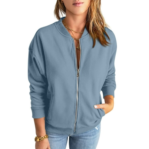Women Zip Up Long Sleeve Casual Solid Color Loose Sweatshirts Jackets Outwear with Pockets
