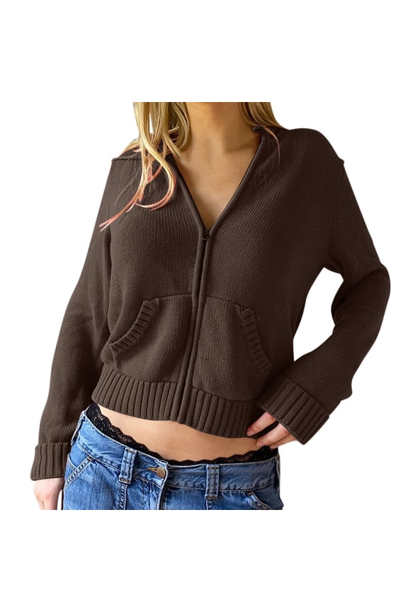 Women Zip Up Long Sleeve Crop Hooded Tops Ribbed Knit Cropped Hoodie Jacket Cute Sweater Pullover