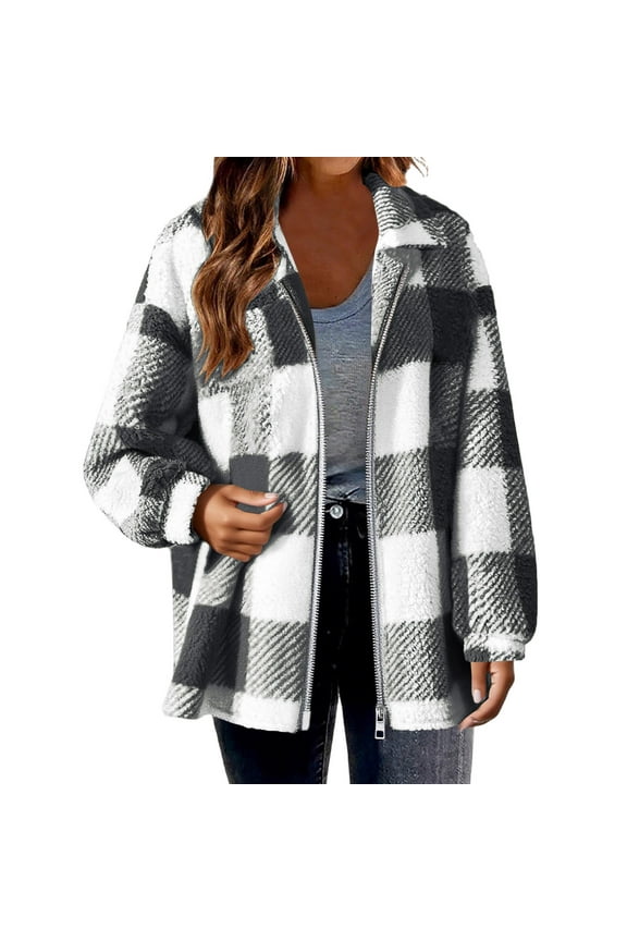 Women Zip Up Plaid Jackets - Fleece Flannel Jackets - Soft Fuzzy Fleece Plaid Full Zipper Winter Coats