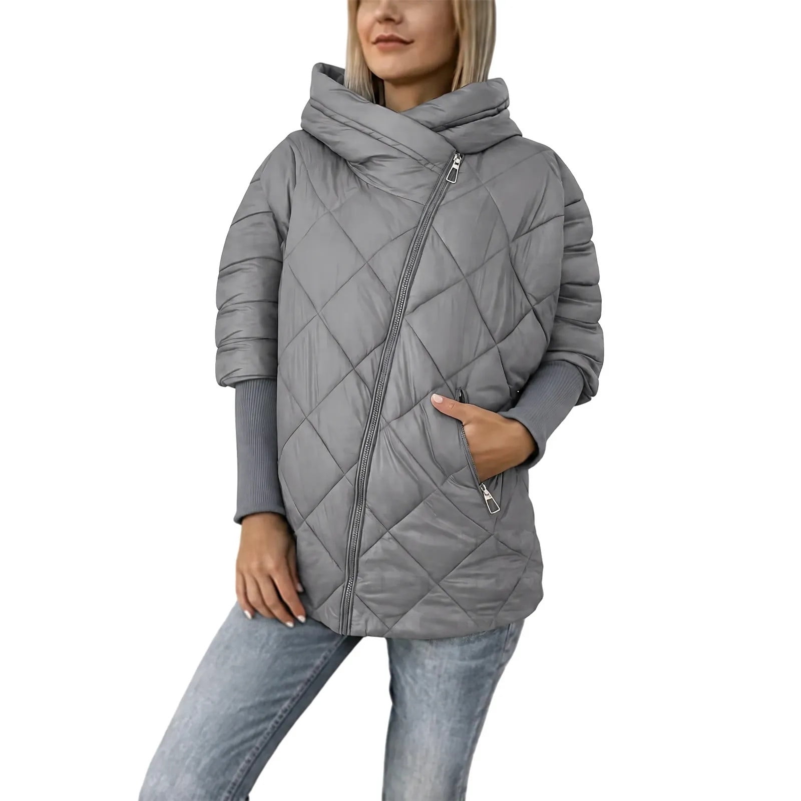 Popup Jacket Women Zip Up Puffer Jacket Quilted Padded Coat Batwing Wrap Collar Tops ...