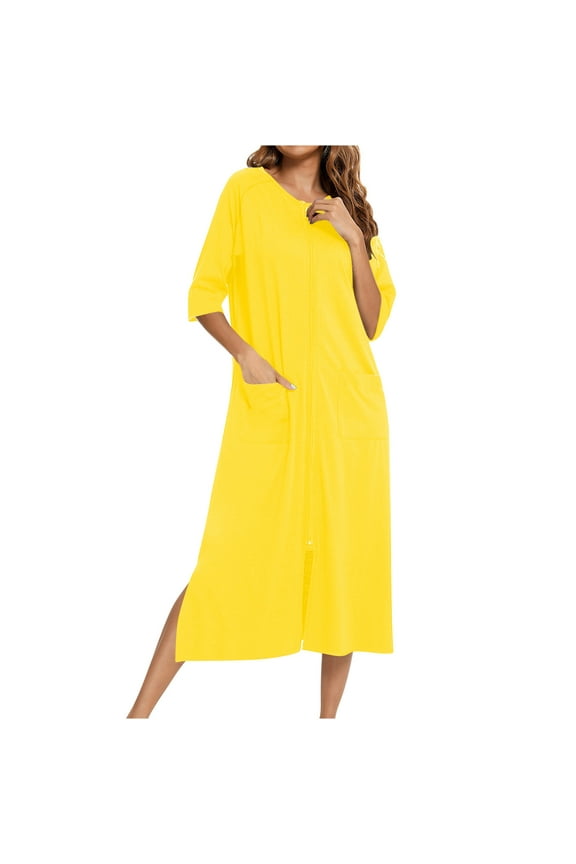Women Zip Up Robes 3/4 Sleeve Zip Front Nightgowns Full Length Loose Housecoat Bathrobes Loungewear with Pockets