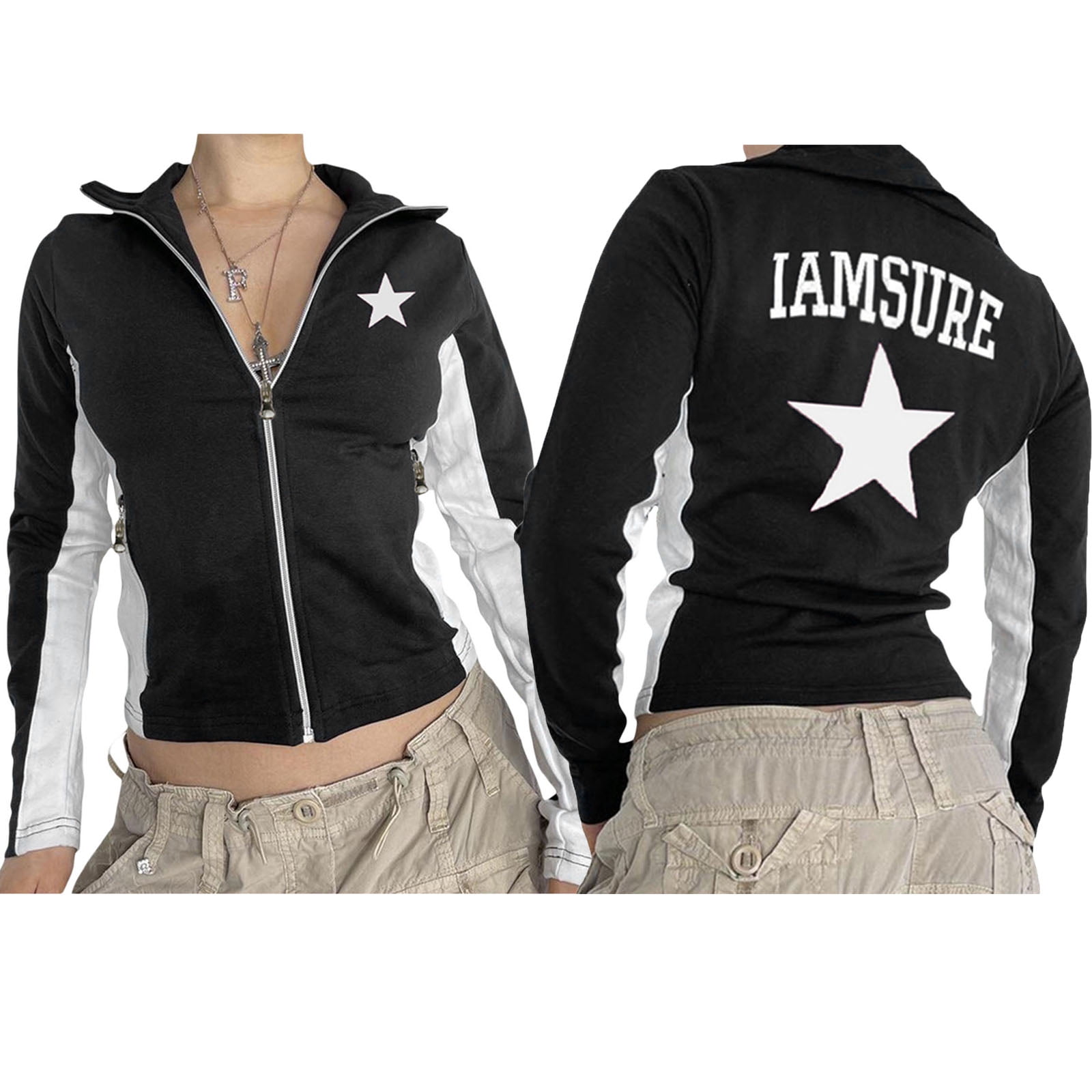 Women Zip Up Star Sweatshirt Lapel Cropped Track Jacket Vintage