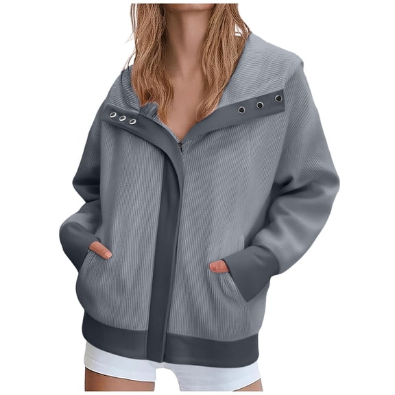 Women Zip Up Sweatshirt Ribbed Textured Long Sleeve Fall Winter Jackets Loose Stylish Hooded Outerwear with Pockets