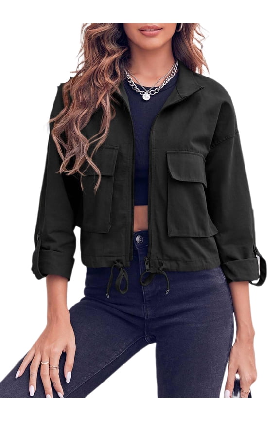 Women Zip Up Utility Coat with Pockets Casual Cropped Jackets