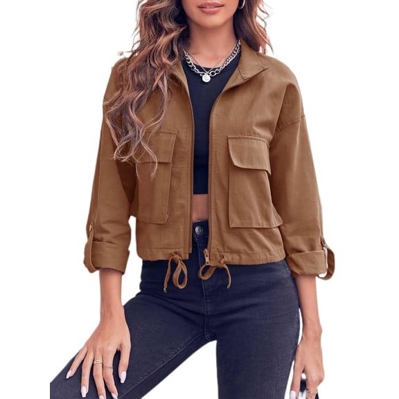 Women Zip Up Utility Coat with Pockets Casual Cropped Jackets
