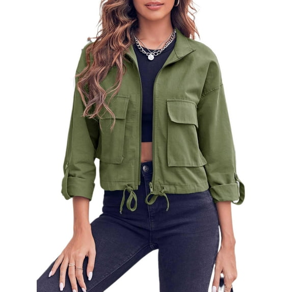 Women Zip Up Utility Coat with Pockets Casual Cropped Jackets