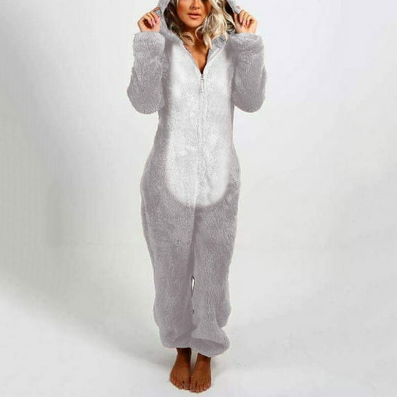Women Zip-up Hoodie Plush Long Sleeve Pajama Solid Color Block Printed One Piece Bodysuits Outfits Sleepwear Hooded Jumpsuit Plus Size